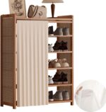 Bamboo Shoe Cabinet with Dustproof Cover, 6 Tiers Closed Entryway Shoes Shelf Freestanding Boots Storage Racks Organizer, Curtained Shoes Stand Kitchen Cabinet for Home Office 70x24x99cm