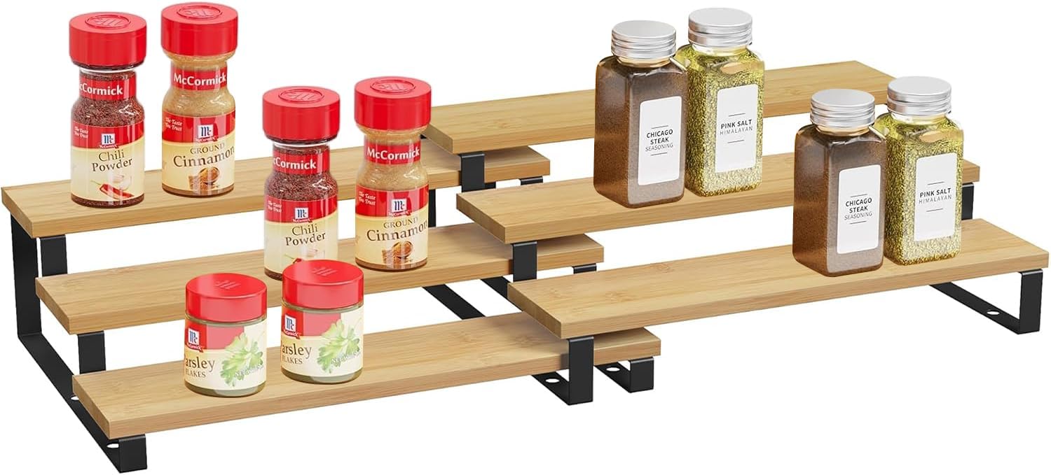 61QYz0NVZL._AC_SL1500_.jpg Exrp Spice Rack Organizer for Cabinet, 3 Tier Bamboo Spice Storage,Set of 2 Bamboo Perfume Organizer Stand,Cupcake Stand Holder, Shelf Risers for Figures, Dessert Shelves for Kitchen Cabinet,for Party - Image 1