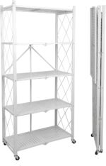 5-Tier Foldable Storage Shelf with Wheels - Metal Collapsible Shelving Unit Display, Rolling Cart for Books Kitchen Storage Shelves, Pantry & Closet Organizer，No assembly required