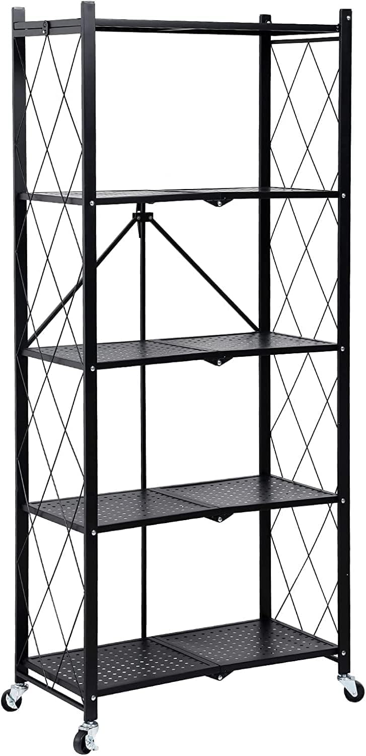 61Ry-lceIvL._AC_SL1500_.jpg SKY-TOUCH 5 Tier Foldable Storage Shelves, Multi-Shelf Foldable Storage Rack for Kitchen Garage Home, Standing Shelf Units with Wheels (Black) - Image 1