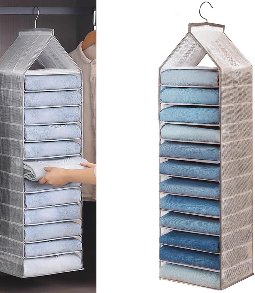 61S2E2-nGaL._AC_SL1000_.jpg X spring Hanging Closet Organizer, 12-Shelf Hanging Wardrobe Shelf, Closet Organizer and Storage, Foldable Space Saver with Sturdy Hooks, Breathable Mesh for Bedroom Organization - Image 1