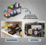 Qunix 1 Pc Under Sink Organiser│ Multi-Purpose Storage Cabinet Organiser For Kitchen & Bathroom│Space Saver 2-Tier Sliding Rack For Workspace│Compactable Nonslip Stand For Laundry With 4 Hooks【Black】 - Image 2
