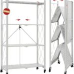 DEANIC 4 Tier Foldable Storage Shelves with Wheels, Large Capacity Shelving Unit, Freestanding Metal Wire Shelf Rack, No Assembly Organizer Rack for Garage Kitchen, Basement, Pantry(Grey)