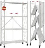 DEANIC 4 Tier Foldable Storage Shelves with Wheels, Large Capacity Shelving Unit, Freestanding Metal Wire Shelf Rack, No Assembly Organizer Rack for Garage Kitchen, Basement, Pantry(Grey)