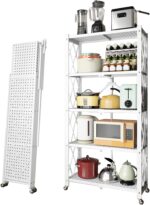 5 Tier Folding Shelf, Kitchen Shelf Organizer Rack Foldable Rolling Cart for Living Room, Bathroom, Balcony - No Assembly Required(Size:71×39×163cm,Color:White)