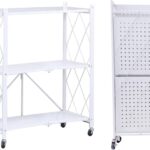 Foldable Shelf with Wheels, Metal Storage Shelves No Assembly, Heavy Duty Folding Rack, Collapsible Shelving Unit Display, Kitchen Organizers and Storage Shelf - White, 3-Tier