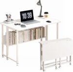 Mobile Computer Desk, Folding Desk With Storage Shelf, Home Office Desk With Wheels For Computer Workstation (With shelve, 80 x 58 x 75 CM)