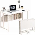 Mobile Computer Desk, Folding Desk With Storage Shelf, Home Office Desk With Wheels For Computer Workstation (With shelve, 80 x 58 x 75 CM)