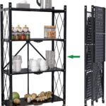 4-Tier Foldable Storage Shelves with Wheels, Metal Display Organizing Rack Shelves Units for Kitchen Home Office Bathroom Garage Living Room