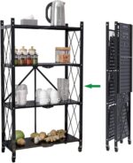 4-Tier Foldable Storage Shelves with Wheels, Metal Display Organizing Rack Shelves Units for Kitchen Home Office Bathroom Garage Living Room