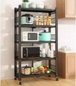 5-Tier Folding Storage Shelves, Rolling Heavy Duty Collapsible Shelves With Wheels, Metal Shelving Units Storage Rack For Kitchen Garage Shelf, Black, No Assembly - Image 3