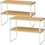YelaJoy Set of 2 Cabinet Shelf Organizer – Stackable, Expandable Kitchen Countertop Storage Shelves, Spice Rack for Pantry, Bathroom & Under-Sink, Natural