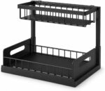 Under Sink Storage Organizer 2 Tier – No Drilling Bathroom Cabinet Shelf, Heavy Duty Metal Rack with Adjustable Feet for Kitchen Counter, Pantry, Laundry Room (Black)