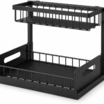 Under Sink Storage Organizer 2 Tier – No Drilling Bathroom Cabinet Shelf, Heavy Duty Metal Rack with Adjustable Feet for Kitchen Counter, Pantry, Laundry Room (Black)