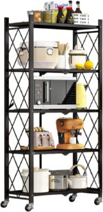 Foldable Storage Shelves 5 Tier, Storage Racks Kitchen Cabinet, Shelf Storage Multipurpose Rack for Living Room Bedroom Kitchen Garage Easy Assembly Black