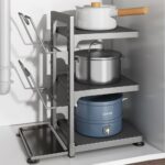Pots and Pans Organizer Rack for Cabinet, 3L Heavy Duty Under Sink Pot lid organizer, 3 Adjustable Tiers Carbon Steel Cabinet Organizers and Storage for Big Stock Pots, Heavy Cookware, Black - Image 6