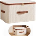 HASTHIP® Rigid Storage Bins with Zipper Lid, Cotton Linen Fabric Storage Boxes, Foldable Shelves Clothes Organizer Container with Handles for Wardrobe, Closet