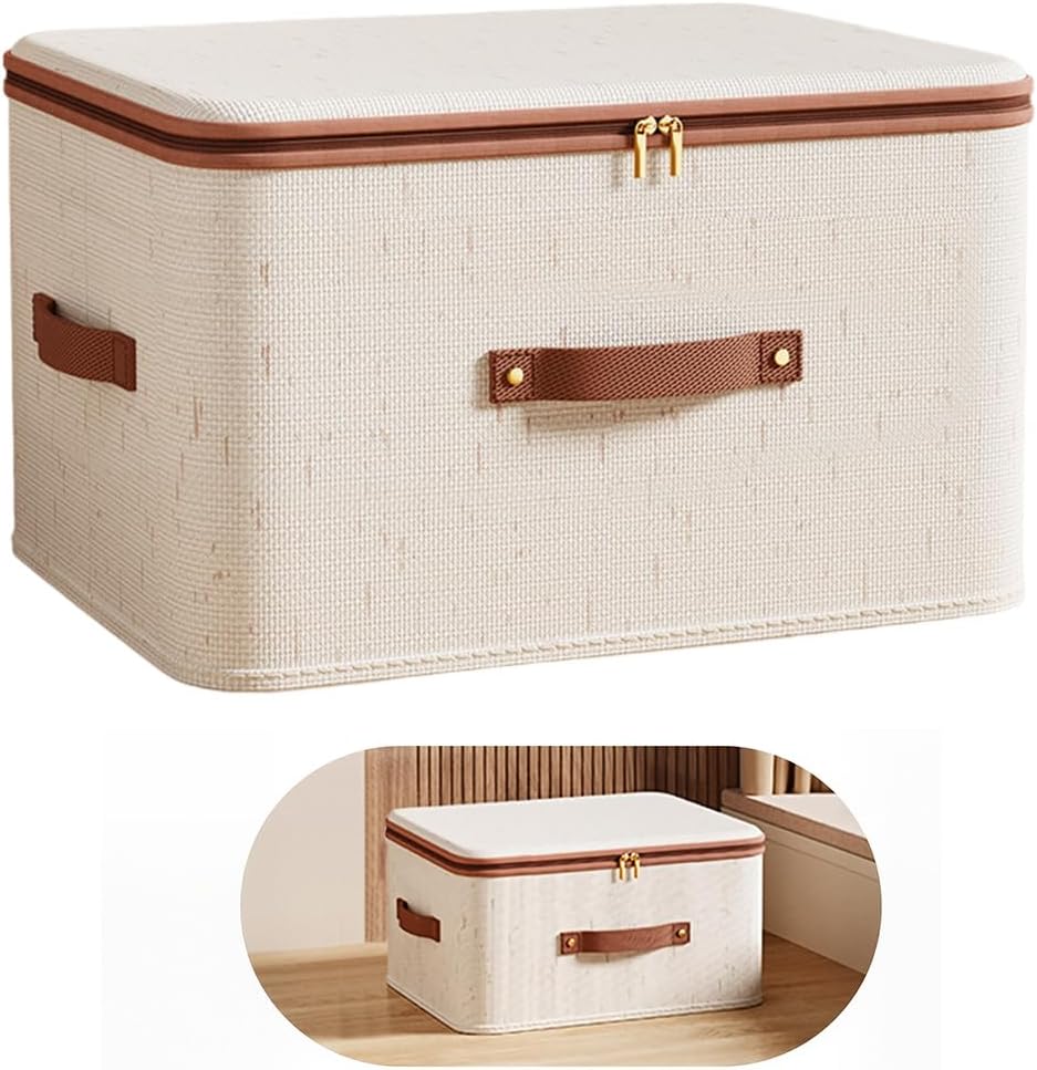 61eHbcip4-L._AC_SL1024_.jpg HASTHIP® Rigid Storage Bins with Zipper Lid, Cotton Linen Fabric Storage Boxes, Foldable Shelves Clothes Organizer Container with Handles for Wardrobe, Closet - Image 1