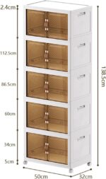 Multi Layered Folding Storage Cabinet, Large capacity Standing Storage Cabinet Shelf Transparent and Visible Dustproof Toy Storage Box, Snacks Locker, Bookcase with Universal Wheels (5 Layer) - white - Image 2