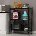 3-Tier Foldable Shelving Unit Bookshelf with Wheels, Kitchen Island Trolley Storage Rack Microwave Oven Shelf Unit Cart for Home Kitchen