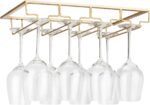 FOMANSH Wine Glass Rack Under Cabinet - Stemware Holder Metal Wine Glass Organizer Glasses Storage Hanger for Bar Kitchen Gold 4 Rows