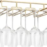 FOMANSH Wine Glass Rack Under Cabinet - Stemware Holder Metal Wine Glass Organizer Glasses Storage Hanger for Bar Kitchen Gold 4 Rows