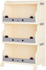 INFOSUN Children's Toy Storage Organizer, Kids Bookshelf Foldable, Plastic Storage Cabinet with Snap-on Design, 360° Swivel Casters, Suits for Books, Toys, and Baby Wtems (84*41.5 *27 cm, three-layer)