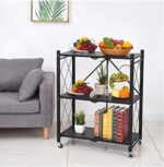Black 3-Tier Foldable Storage Shelves with Caster Wheels - Versatile for Garage, Kitchen, Home, Closet, and Office | ‎7x6.5x4cm - Image 3