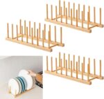Bamboo Dish Drying Rack 3 Pack, Wooden Plate Organizer Holder for Dishes Bowls Cups Pot Lid Cutting Board, Kitchen Cabinet Storage Rack