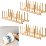 Bamboo Dish Drying Rack 3 Pack, Wooden Plate Organizer Holder for Dishes Bowls Cups Pot Lid Cutting Board, Kitchen Cabinet Storage Rack