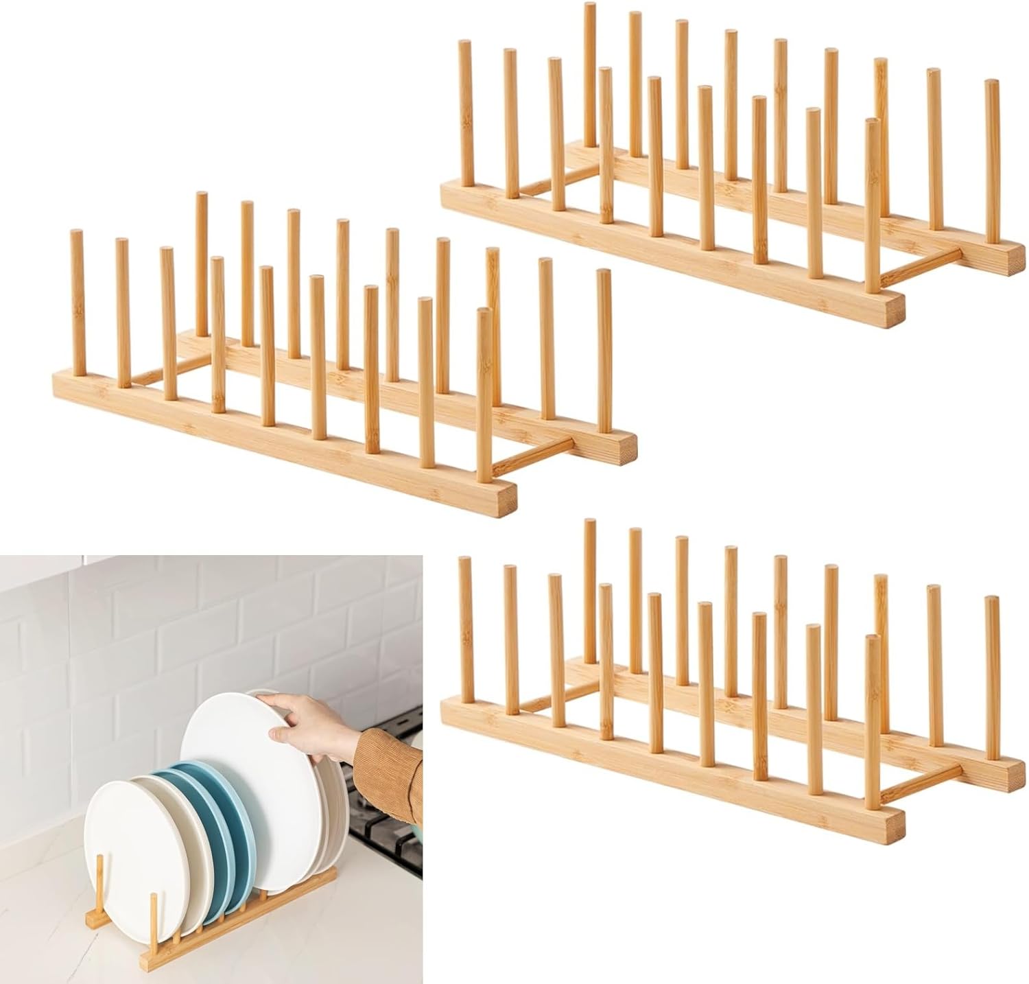 61mpNF1EJcL._AC_SL1500_.jpg Bamboo Dish Drying Rack 3 Pack, Wooden Plate Organizer Holder for Dishes Bowls Cups Pot Lid Cutting Board, Kitchen Cabinet Storage Rack - Image 1