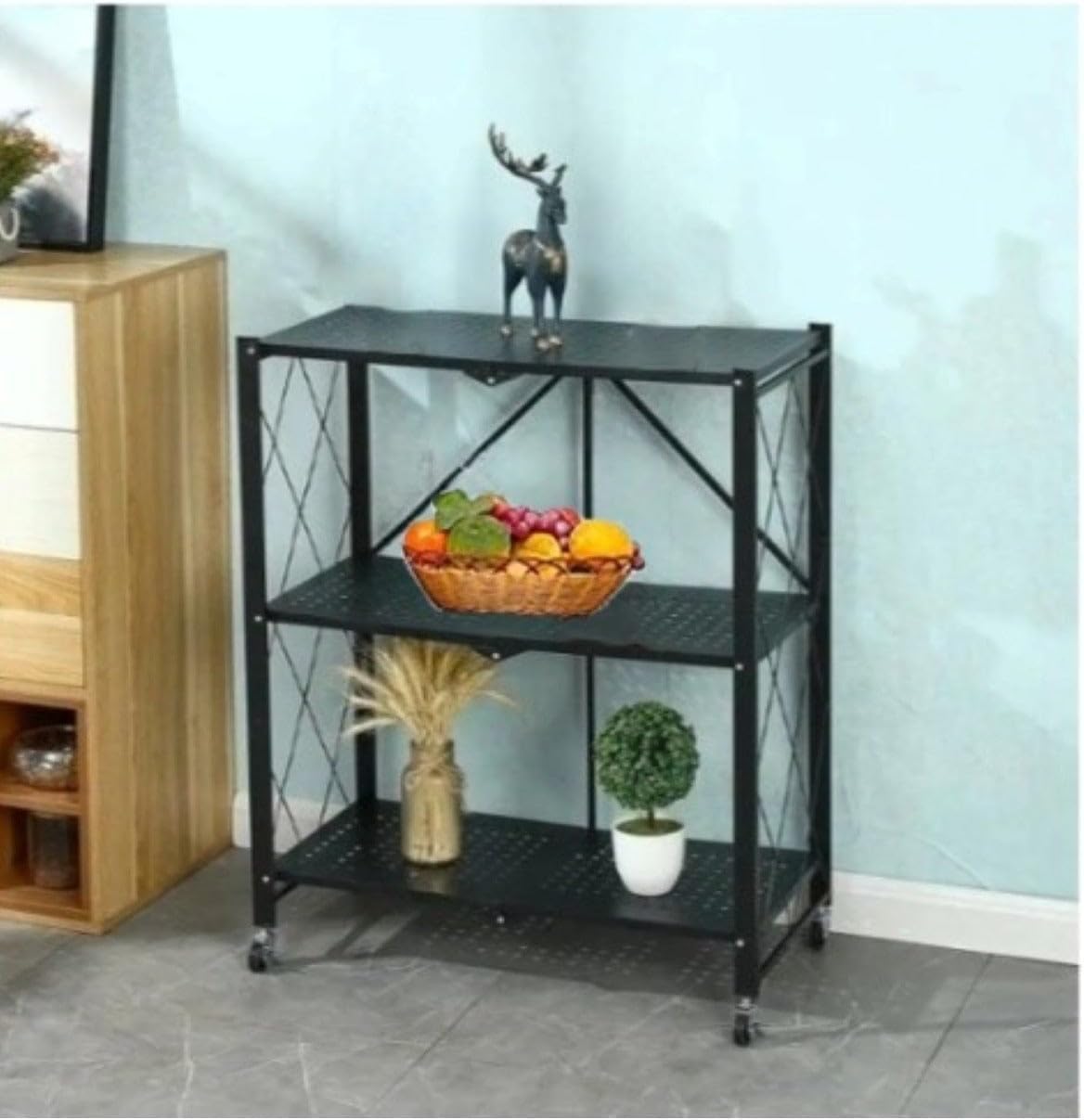 61nFp48lGnL._AC_SL1207_.jpg Black 3-Tier Foldable Storage Shelves with Caster Wheels - Versatile for Garage, Kitchen, Home, Closet, and Office | 7x6.5x4cm - Image 1