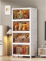 SKY-TOUCH 5 Layer Collapsible Storage Bins, Stackable Plastic Storage Cabinet with Wheels, Dual Opening Storage Box with Magnetic Doors for Home, Living Room, Office, Closet, 60x36x176cm, White - Image 7