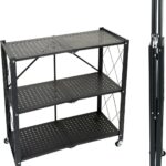 Folding Storage Shelf with Wheels, 3 Layer No Assembly Rolling Shelving Unit, Heavy Duty Metal Foldable Organizer Cart for Home Office Kitchen Bathroom (Black, 3-Tier)