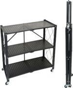 Folding Storage Shelf with Wheels, 3 Layer No Assembly Rolling Shelving Unit, Heavy Duty Metal Foldable Organizer Cart for Home Office Kitchen Bathroom (Black, 3-Tier)
