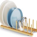 AMERTEER Bamboo Dish Drying Rack, 8-Slot Plate Organizer for Cabinet, (13.7 x 4.7 x 4.1 Inch) Wooden Dish Rack for Kitchen, Cutting Board Holder, Space-Saving Dish Organizer for Plates & Bowls