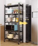 5-Tier Folding Storage Shelves, Rolling Heavy Duty Collapsible Shelves With Wheels, Metal Shelving Units Storage Rack For Kitchen Garage Shelf, Black, No Assembly - Image 4