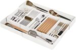 Utensil Organizer for Kitchen Drawers, Expandable Cooking Utensil Tray, Adjustable Cutlery Silverware Flatware Holder, Large Capacity Plastic Kitchen Spatula Tools and Gadgets Storage Divider, White