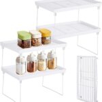 Cabinet Organizer Shelf, 2 Pcs Foldable Stackable Spice Rack, Ventilated Material Pantry Storage Shelves, Counter Shelf for Cabinets, Countertop, Makeup, Bathroom, Desk, Cupboard, White