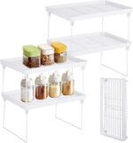 Cabinet Organizer Shelf, 2 Pcs Foldable Stackable Spice Rack, Ventilated Material Pantry Storage Shelves, Counter Shelf for Cabinets, Countertop, Makeup, Bathroom, Desk, Cupboard, White