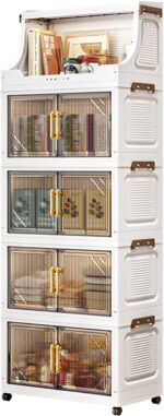 Open Upper Platform Storage Cabinet, 5-Tier Foldable Organizer Box Storage with Lids, Stackable Cabinet with Wheels & Magnetic Doors for Clothes Snacks Toys Book Storage 47*27*130cm (Yellow Handles)