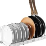 Expandable Pot and Pan Organizer for Cabinet with 10 Dividers, Adjustable Pots and Pans Organizer Rack Pan Lid Cookware Organizers and Storage (White)