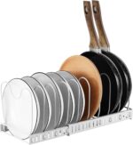 Expandable Pot and Pan Organizer for Cabinet with 10 Dividers, Adjustable Pots and Pans Organizer Rack Pan Lid Cookware Organizers and Storage (White)