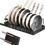 Pot Rack, Pot and Pan Organizers Rack, Sliding Pots and Pans Organizers Rack Pot Lid Organizer Holder with 10 Adjustable Compartment, Expandable Cookware Plate Rack Kitchen Cabinet(Black)