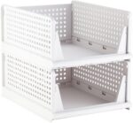 Stackable Plastic Storage Basket, Foldable Closet Organizers and Storage Bins, Drawer Shelf Storage Container for Wardrobe Cupboard Bedroom Bathroom Office, White Large, 2 Pack