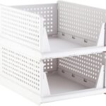 Stackable Plastic Storage Basket, Foldable Closet Organizers and Storage Bins, Drawer Shelf Storage Container for Wardrobe Cupboard Bedroom Bathroom Office, White Large, 2 Pack