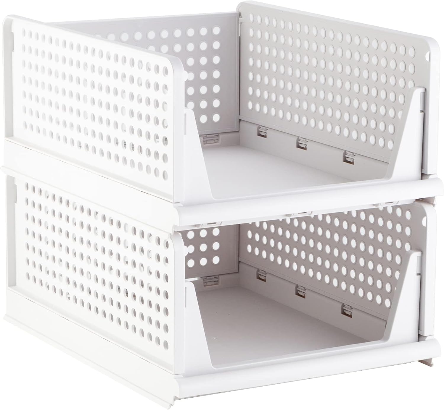 61z5KbeEBL._AC_SL1500_.jpg Stackable Plastic Storage Basket, Foldable Closet Organizers and Storage Bins, Drawer Shelf Storage Container for Wardrobe Cupboard Bedroom Bathroom Office, White Large, 2 Pack - Image 1