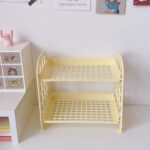 GOTOTOP 2 Layer Desktop Shelf Organizer Foldable Stacking Design with Guardrails ABS Plastic for Office Home Bathroom Storage Space Saving Double Tier Storage Rack Holds Cosmetics (Yellow)