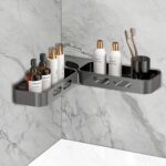 Corner Shower Caddy, U Shaped Rotating Wall Mounted Corner Shelf, Stainless Steel Punching Free Bathroom Storage Shelves, Foldable Kitchen Counter Organizer, Dark Grey, 2 Pack