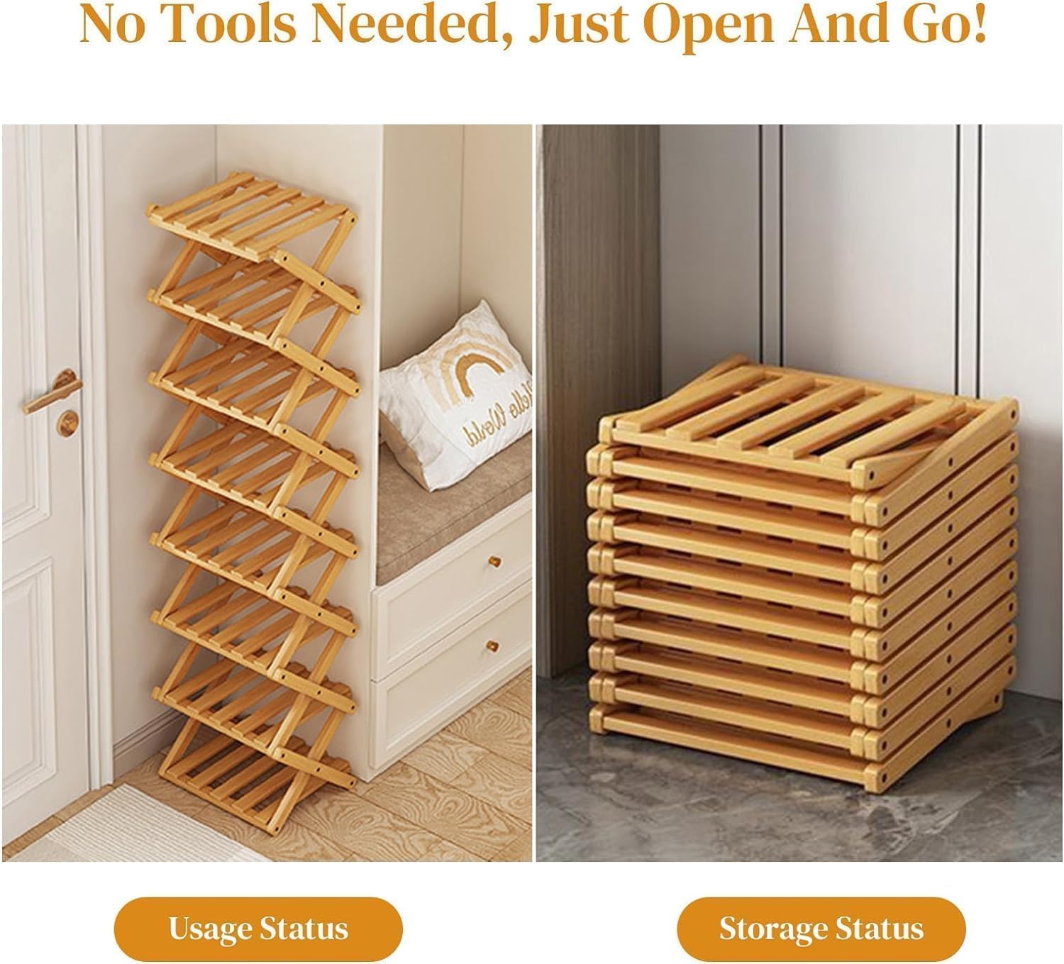 71-nObhRpWL._AC_SL1500_.jpg YelaJoy Bamboo Shoe Rack for Entryway,Installation-Free and Foldable Vertical Shoe Storage Organizer,Free Standing Shoe Racks Shelf Closet Shoe Organizer for Living Room (Tawny-3 Layers) - Image 1